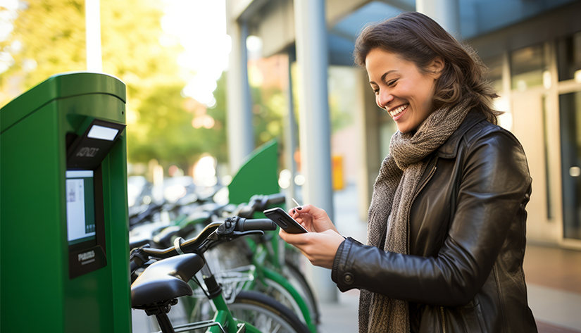 Frau mit Smartphone in der Hand an einer Miet-Station für E-Fahrräder